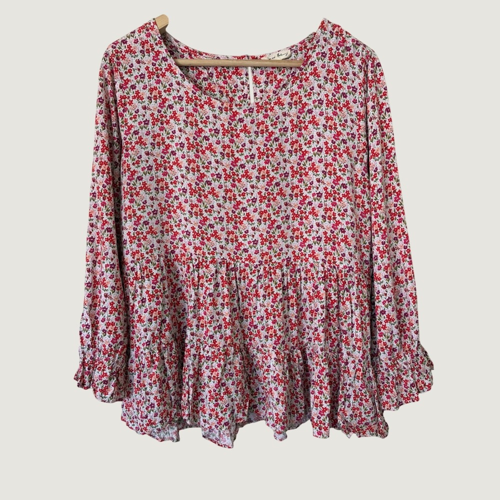 Jane‎ and Delancey Red Floral Babydoll Top XL Long Sleeve Tier es Blouse Boho
